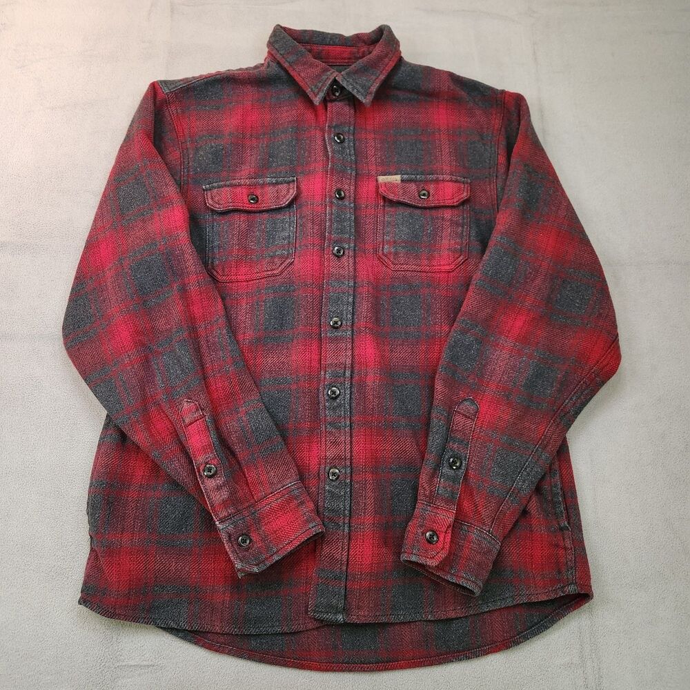 Orvis Big‎ Bear Heavyweight Flannel Shirt Men's L Red Gray Plaid Shacket Pockets